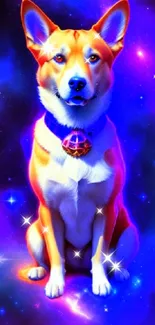 A colorful cosmic dog sitting in a vibrant, starry space background.