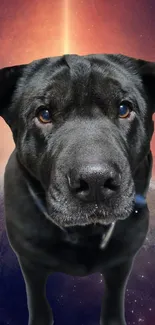 Black dog with cosmic background, planet beneath