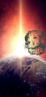 Dog illustration above Earth with glowing cosmic background.