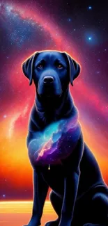 A cosmic-themed dog against a vivid galaxy background, perfect for mobile wallpaper.