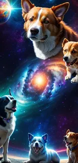 Corgi dogs floating in a colorful galaxy with stars and planets.