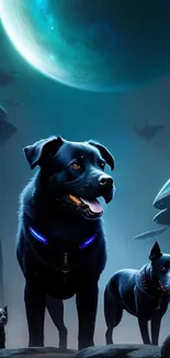 Sci-fi dogs with neon collars in a space setting with UFOs.