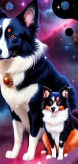 Cosmic dogs in galaxy with yin-yang symbol, vibrant colors.