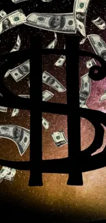 Galaxy background with dollar signs and floating money, silhouetted figure.