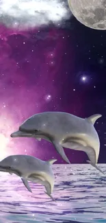 Cosmic wallpaper with dolphins leaping through a vibrant galaxy, under a moonlit sky.