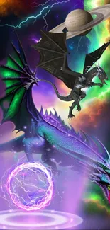 Fantasy dragon in a cosmic scene with Saturn and vibrant colors.