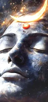 Cosmic divine art of a serene face with celestial elements in mobile wallpaper.