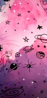 Whimsical cosmic doodles in pink and purple galaxy background.