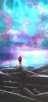 Mystical surreal landscape wallpaper with a vibrant cosmic nebula.