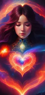 Artistic wallpaper of a woman surrounded by vibrant cosmic energy and a glowing heart.