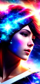 Vibrant cosmic-themed wallpaper with a mystical silhouette in colorful celestial lights.