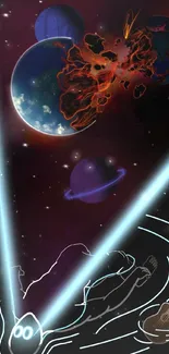 Alien figure under cosmic sky with planets and guitar.