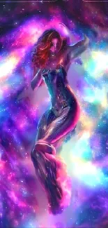 Ethereal woman in vibrant, cosmic galaxy scene.