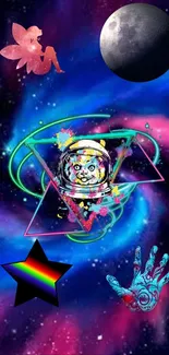 Colorful cosmic scene with neon elements and fantasy figures.