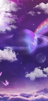 Ethereal cosmic scene with purple planets and clouds.