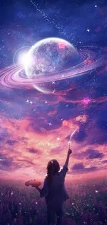 Girl reaching for stars in a cosmic dreamscape with a vibrant galaxy overhead.