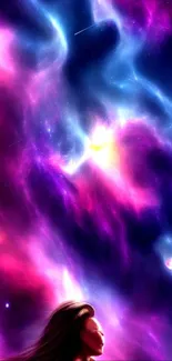 Vibrant cosmic wallpaper with pink and blue galaxy design.