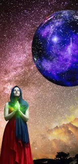 A woman beneath a vibrant galaxy, surrounded by cosmic colors.