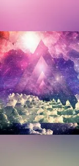 Abstract cosmic pyramid design with purple hues and clouds.