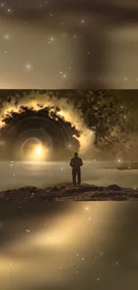 A lone figure stands before a golden cosmic vortex in a dreamscape wallpaper.