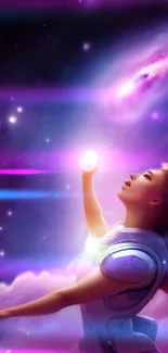 Futuristic girl reaching towards a glowing purple galaxy.