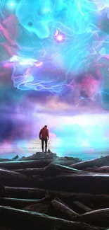 Lone figure stands under vibrant cosmic dreamscape sky.