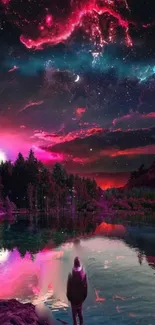 Cosmic dreamscape wallpaper with pink and blue night sky over a serene lake.