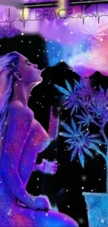 Cosmic dreamscape with mystical figure and galaxy background.