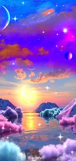 Colorful cosmic sky with clouds and celestial bodies wallpaper.