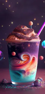 Colorful cosmic drink wallpaper with planets and galaxies.