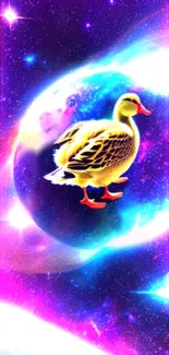 Surreal cosmic wallpaper featuring a duck floating in a colorful space scene.