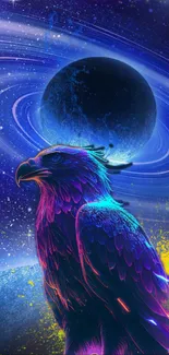 A cosmic eagle with vibrant colors set against a swirling space backdrop.