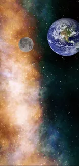 Mobile wallpaper with Earth, Moon, and galaxy in a rich cosmic setting.