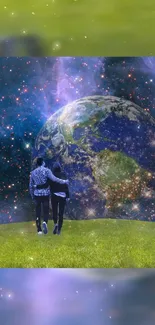 Two figures stand on a field overlooking Earth in space.