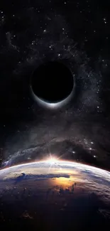 Dynamic cosmic eclipse scene with Earth and stars.