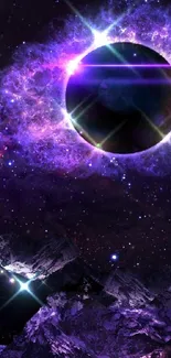 Purple cosmic eclipse with nebula and starry sky on phone wallpaper.