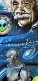 Einstein, alien, and robot on cosmic themed background.