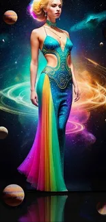 Colorful cosmic-themed wallpaper with model in galaxy dress.