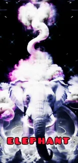 Mystical elephant with cosmic smoke in a fantasy art wallpaper.