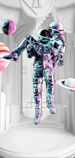 Two astronauts in a vibrant cosmic scene with planets and futuristic design.