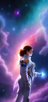 Female astronaut explores vivid cosmic nebula, surrounded by mystical space light.