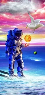 Vibrant cosmic wallpaper with astronaut, planets, and seagull.
