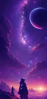 Silhouetted cosmic explorer under a purple galaxy sky with glowing stars and a planet.