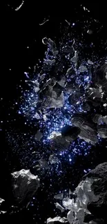 Abstract cosmic explosion with luminous particles on a black background.