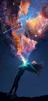 Person surrounded by cosmic galaxy burst in a dark night sky.