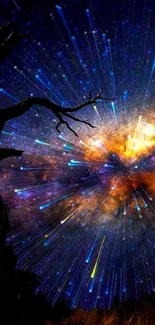 Stunning cosmic explosion with tree silhouette under a vibrant starry night sky.