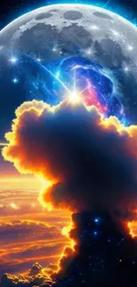 Surreal cosmic wallpaper featuring colorful explosion and moon.