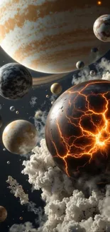 Explosive cosmic scene with planets and space.