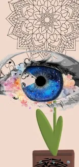 Cosmic eye with mandala and flowers in beige background.