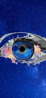 Surreal cosmic eye artwork with floral embellishments on a blue starry background.